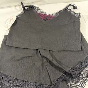 RSLOVE Women's 2-Piece Ribbed Lingerie Set - Black Lace Trim Cami & Shorts, Sm